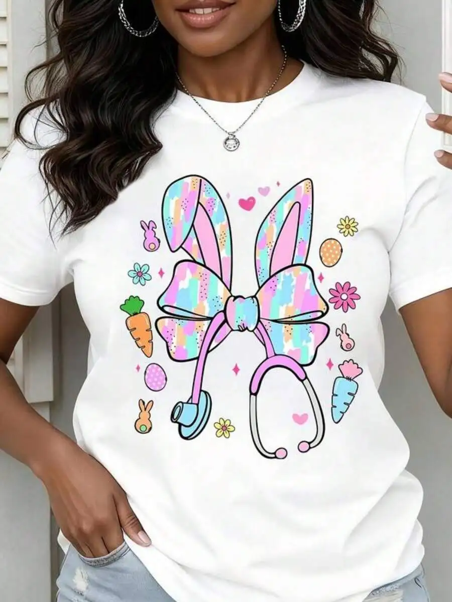 Easter Bunny Ears T-Shirt with Pastel Bow and Stethoscope Print, Short Sleeve for Spring Casual Wear