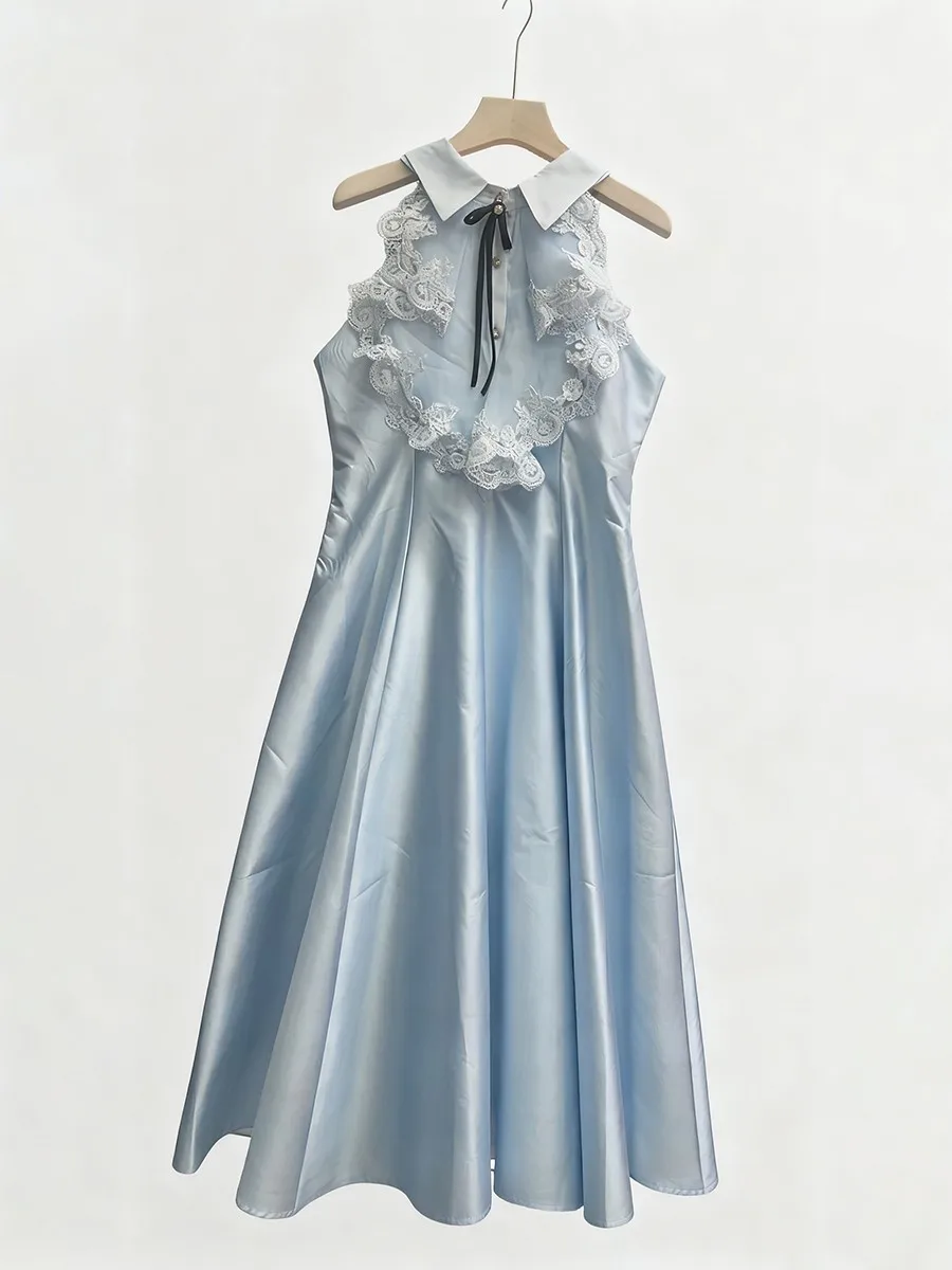 TWOTWINSTYLE エレガントなスリムフィット、レースを組み合わせたロングドレス、女性用、襟付きノースリーブ、ハイウエスト、パッチワーク、蝶結びドレス、女性用新作