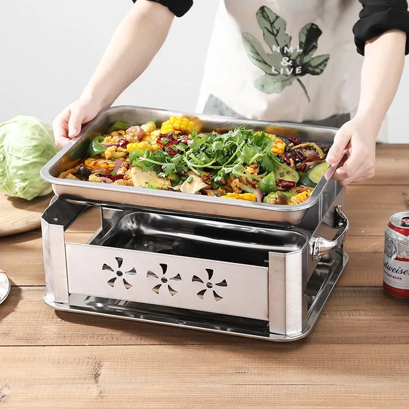 Stainless Steel Charcoal Grilled Fish Stove,Rectangular Seafood BBQ Pan with Ventilation, Portable Tabletop Grill for Restaurant