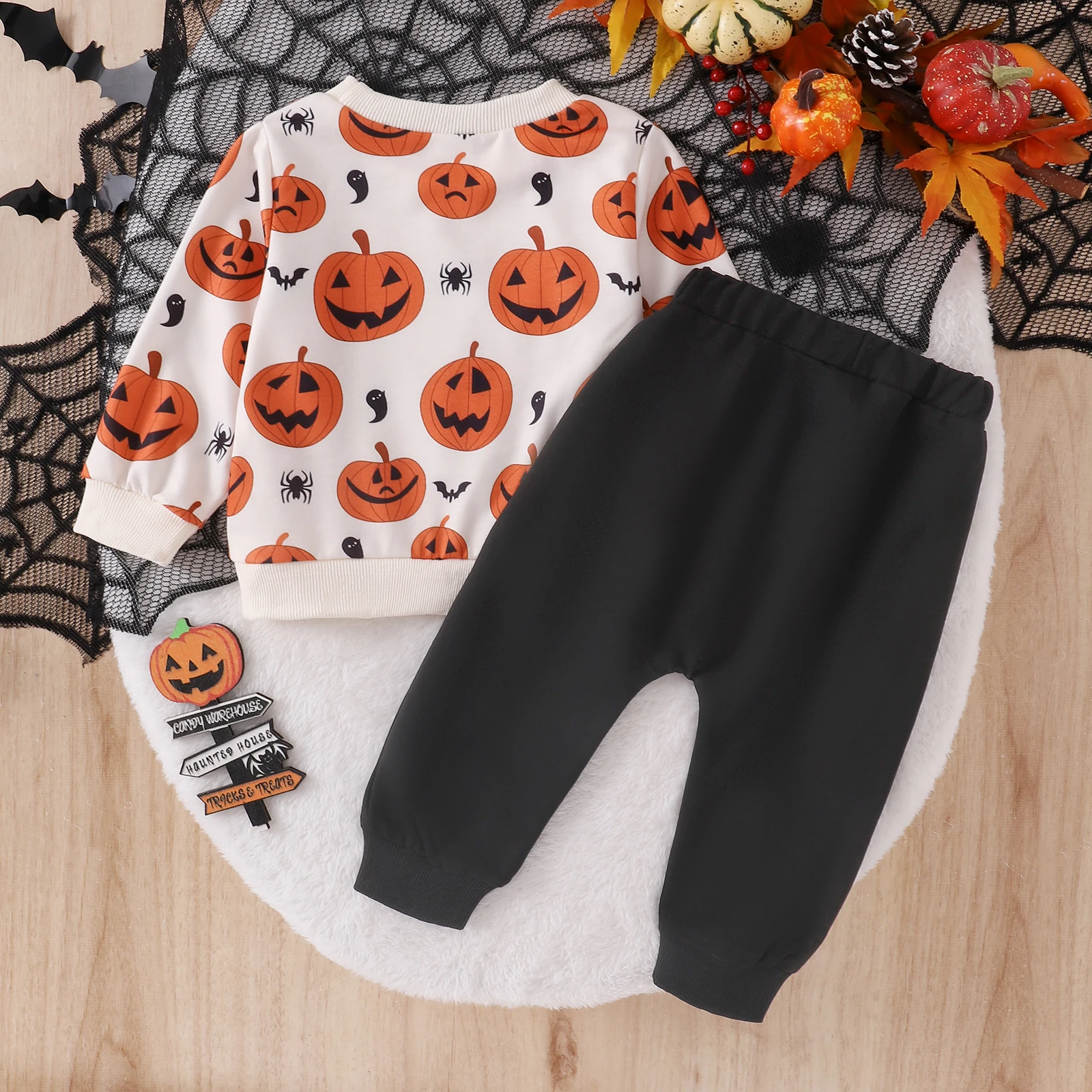 BeQeuewll Baby Boy Girl Halloween Costumes Fall Casual Children Outfits Pumpkin Print Long Sleeve Pullover Pants Set Kid Clothes