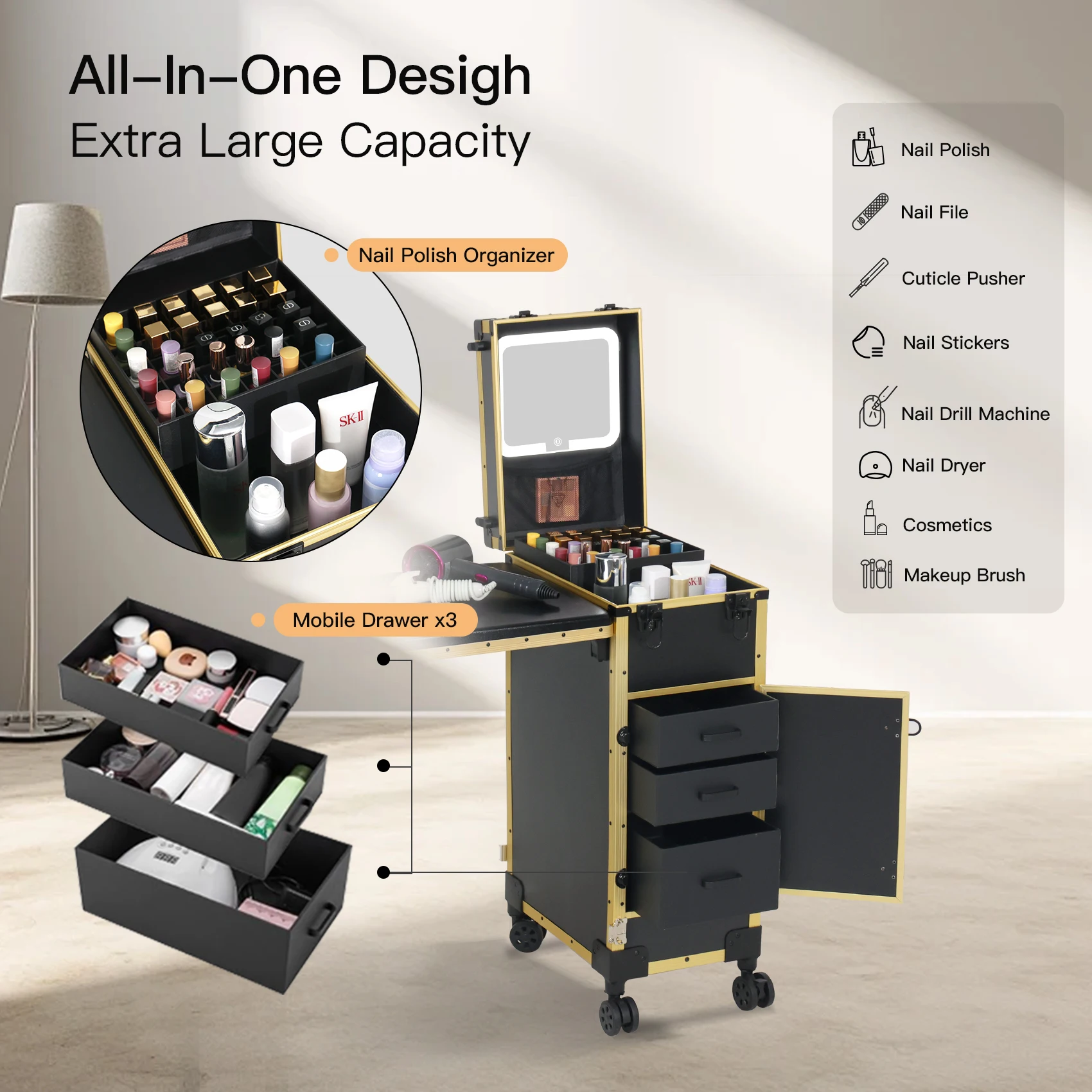 Obox Oem Factory Price Movable Nail Table With 4K HD Lighted Mirror Changed Colors Manicure Desk With Drawer Makeup Case