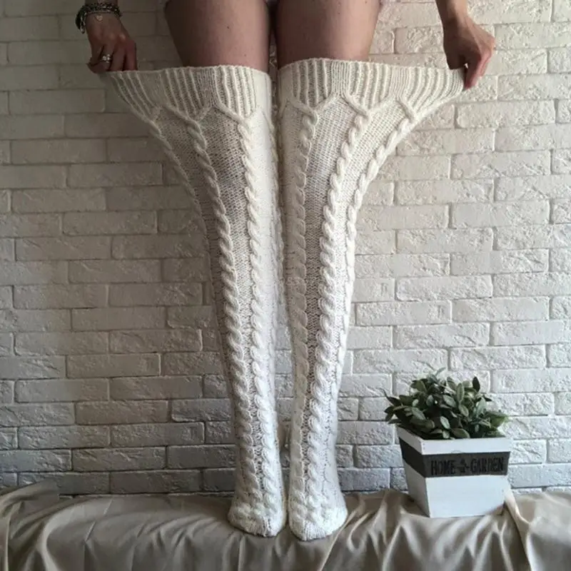 

Womens Winter Autumn Cable Knitted Thigh High Boot Socks Long Over The Knee Winter Solid White Stockings Leg Warmers