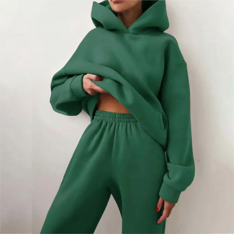 Women\'s Sportswear Casual Solid Color Long Sleeve Hooded Sports Suit Fall Warm Hoodie Sweatshirt And Pants Fleece Two-Piece Set