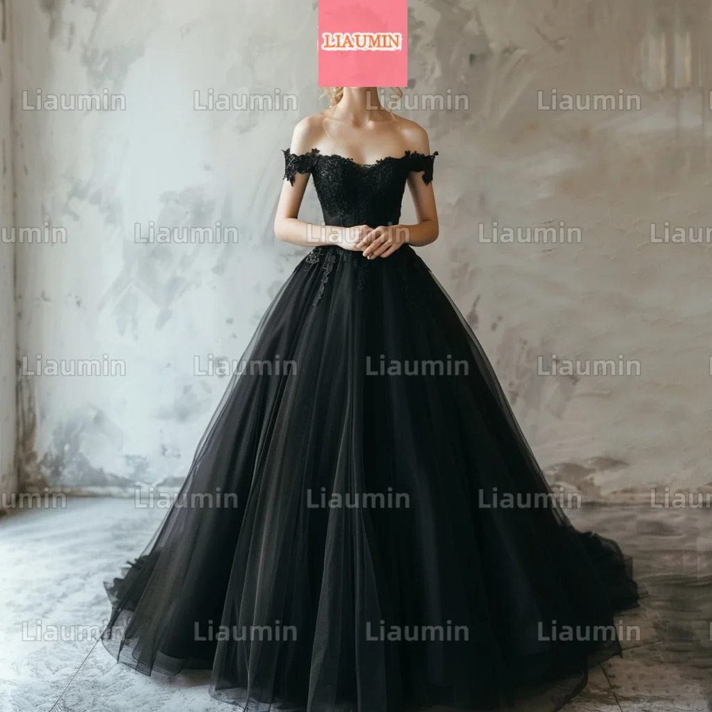 

Custom Hand Made Simple A Line Black Tulle With Lace Applique Off The Shoulder Evening Prom Dresses Full Length Formal W17-1.7