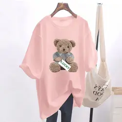 Summer Fashion Animal Bear Print Basic T-shirts Women Casual Pure Cotton O-neck Short Sleeve Top Tee Office Lady Loose Pullovers