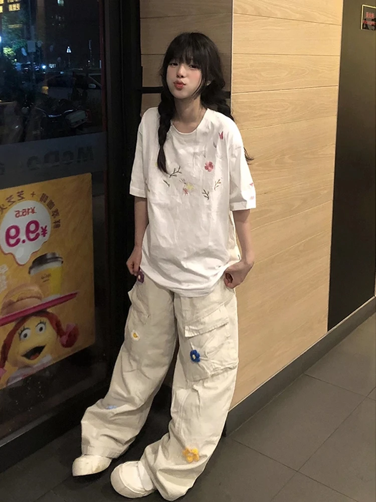 

American Sle Embroidered Floral Work Pants Men's Loose Wide Leg Casual Trousers Couple's Bent Knife Sle Autumn Faion