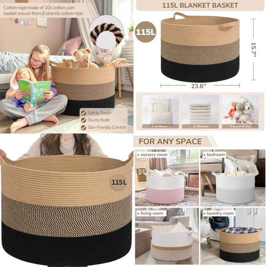 

115L Extra Large Blanket Basket for Apartment Decor, Woven Baby Laundry Hamper Shoe Basekts for Entryway, Wicker Storage Basket