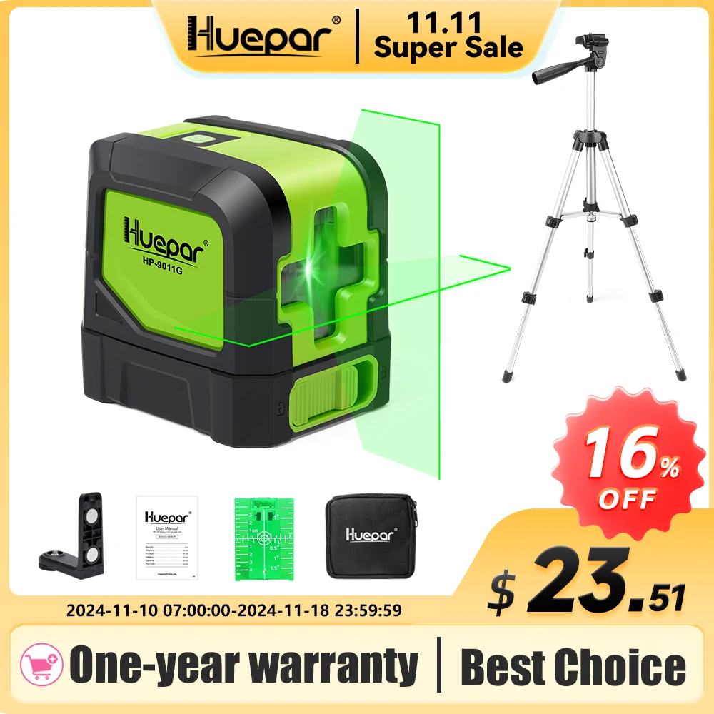 Huepar 2 Lines Green Beam Laser Level 9011G with 65cm Tripod Self-Leveling Horizontal & Vertical Cross Line Laser for Home DIY