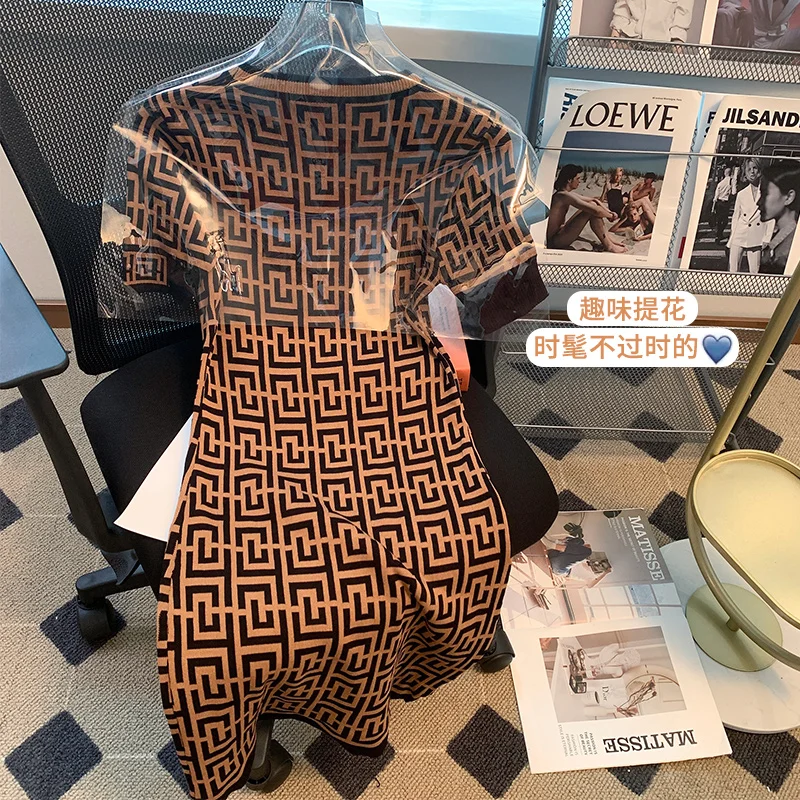 Vintage Elegant Jacquard Knitted Pencil Dress Women 2023 Summer Korean Fashion Ladies Slim Short Sleeve Round Neck Vestido Femme