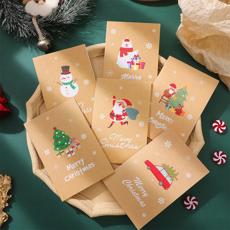 

6pcs Vintage Merry Christmas Holiday Greeting Cards Kraft paper Gift Card with Envelope Sticker New Year Xmas Folding Card