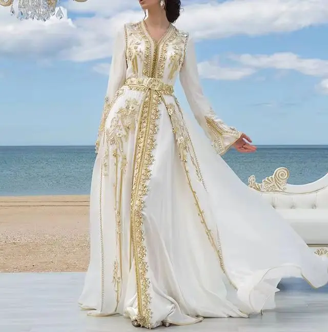 Elegant Muslim White Chiffon Evening Dresses Golden Lace Appliques Beaded Moroccan Kaftan Dubai Formal Gown Prom Party Dress