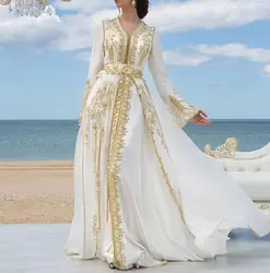 Elegant Muslim White Chiffon Evening Dresses Golden Lace Applique Beaded Moroccan Kaftan Dubai Formal Gown Prom Dress Customized