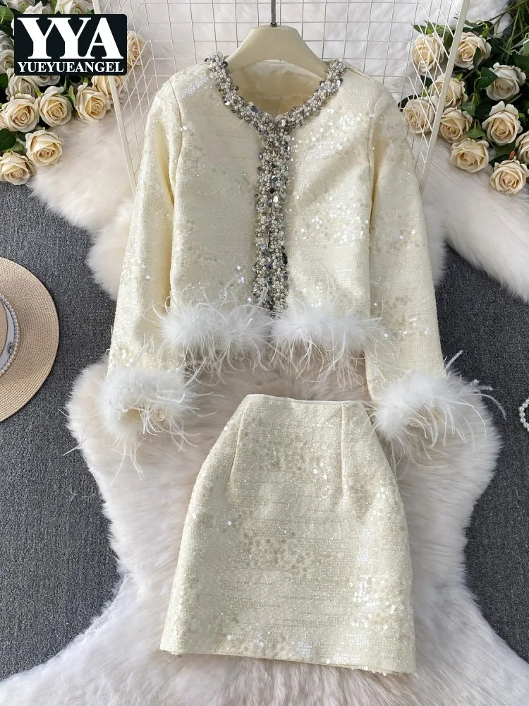 Elegant Women Beading O-Neck Feather Spliced Jacket Sets Shiny Sequins Short Coat Two-Piece Set Slim Fit Mini Skirt Outfits