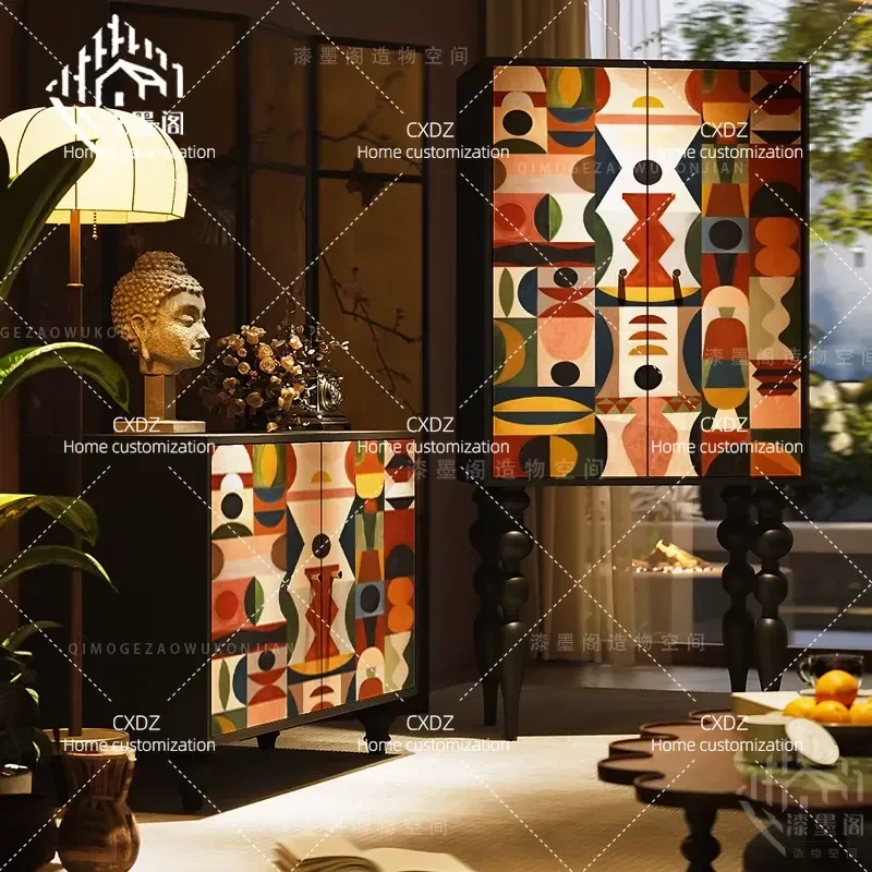 French Abstract Art Tall Cabinet Entrance Hallway Storage Locker Living Room Standing Cupboard Multifunctional Display Unit