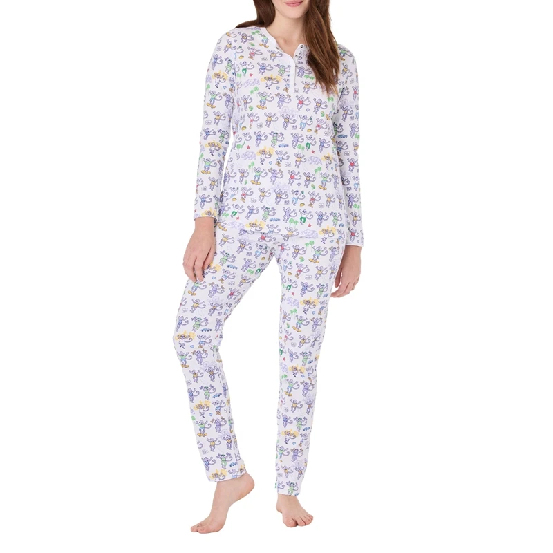 Ensemble de pyjama 2 pièces assressentipour femme, manches longues, col rond, t-shirt boutonné, motif animal de dessin animé en Y, pantalon imprimé, vêtements de nuit pour femme