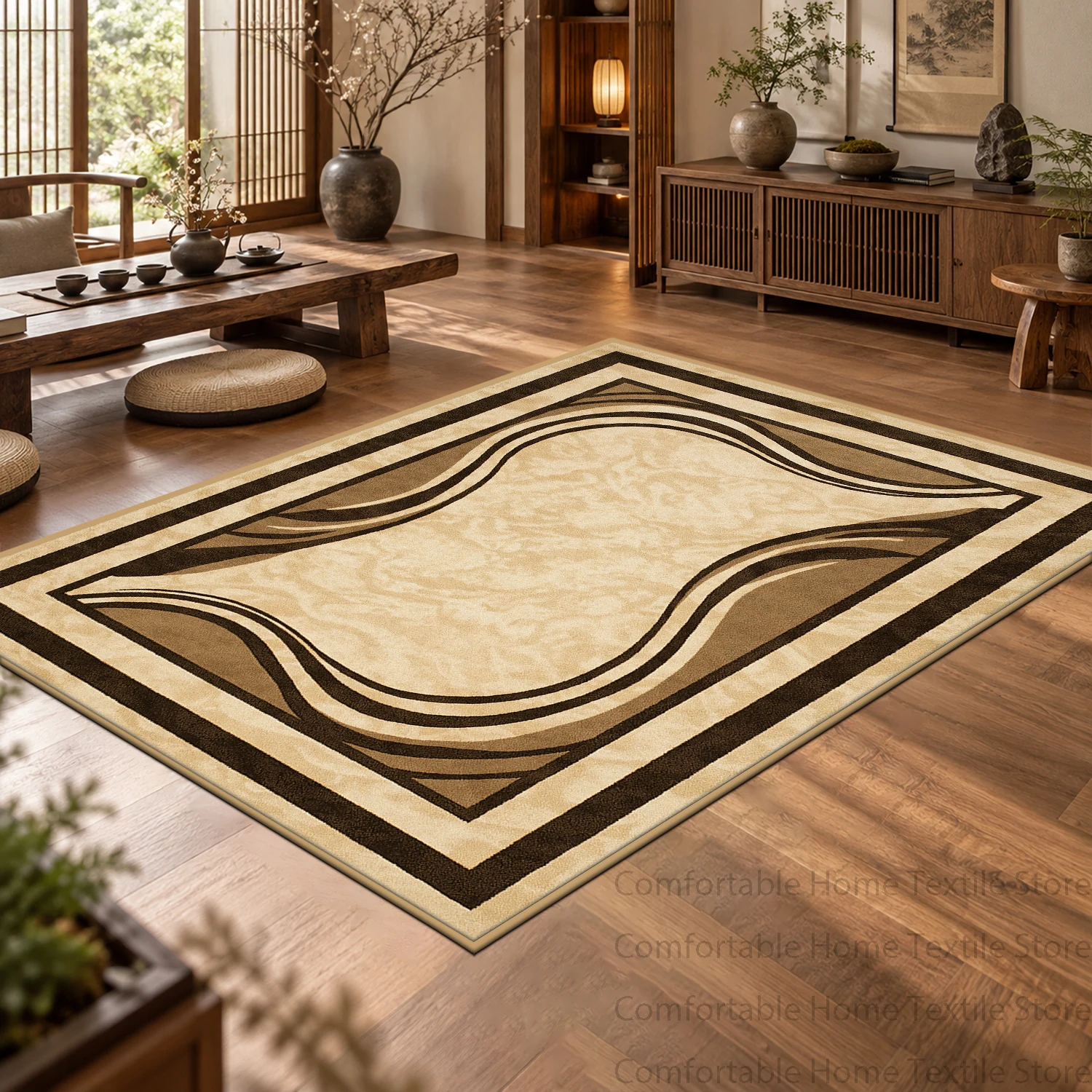 Minimalist Japanese Line Border Carpet Decorative Living Room Bedroom Light Colored Soft Non-slip Easy Clean Floor Mat for Study