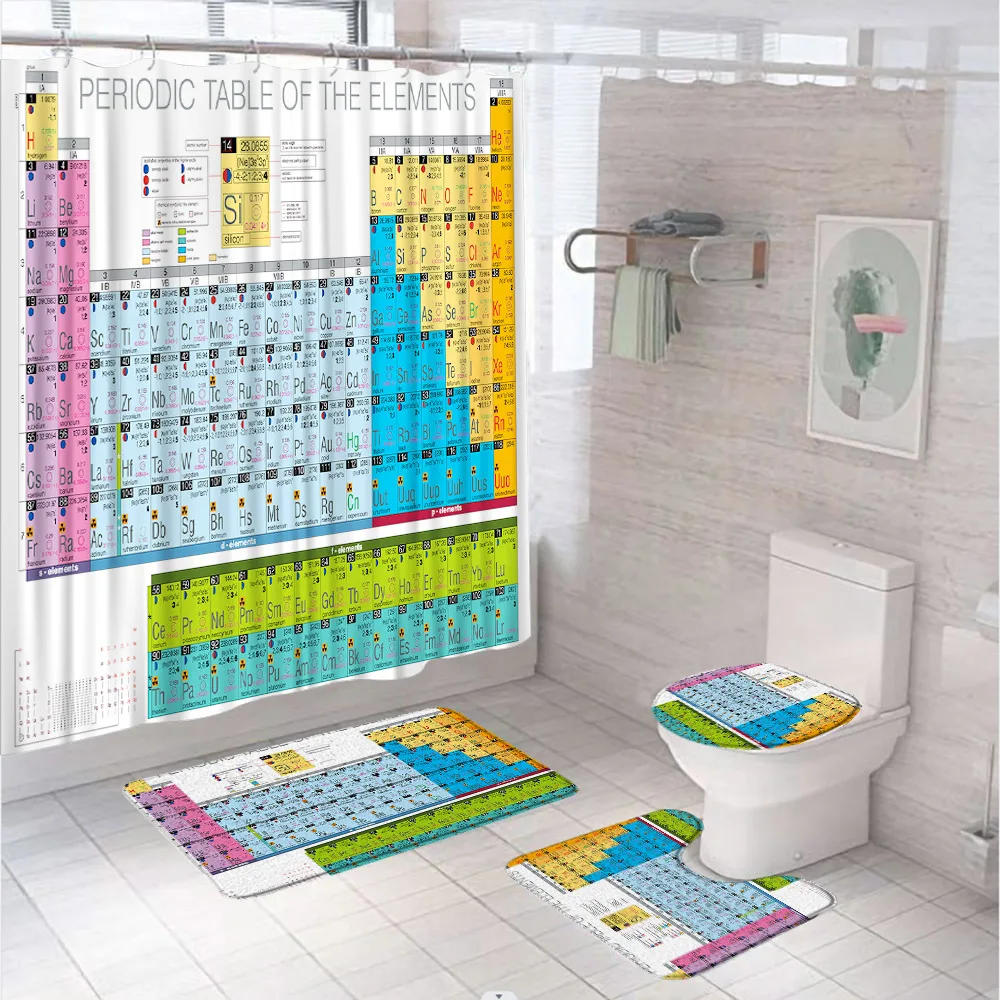 Periodic Table Of Elements Shower Curtain Sets Educate Study Art Bathroom Curtains Non-Slip Bath Mat Pedestal Rugs Toilet Covers