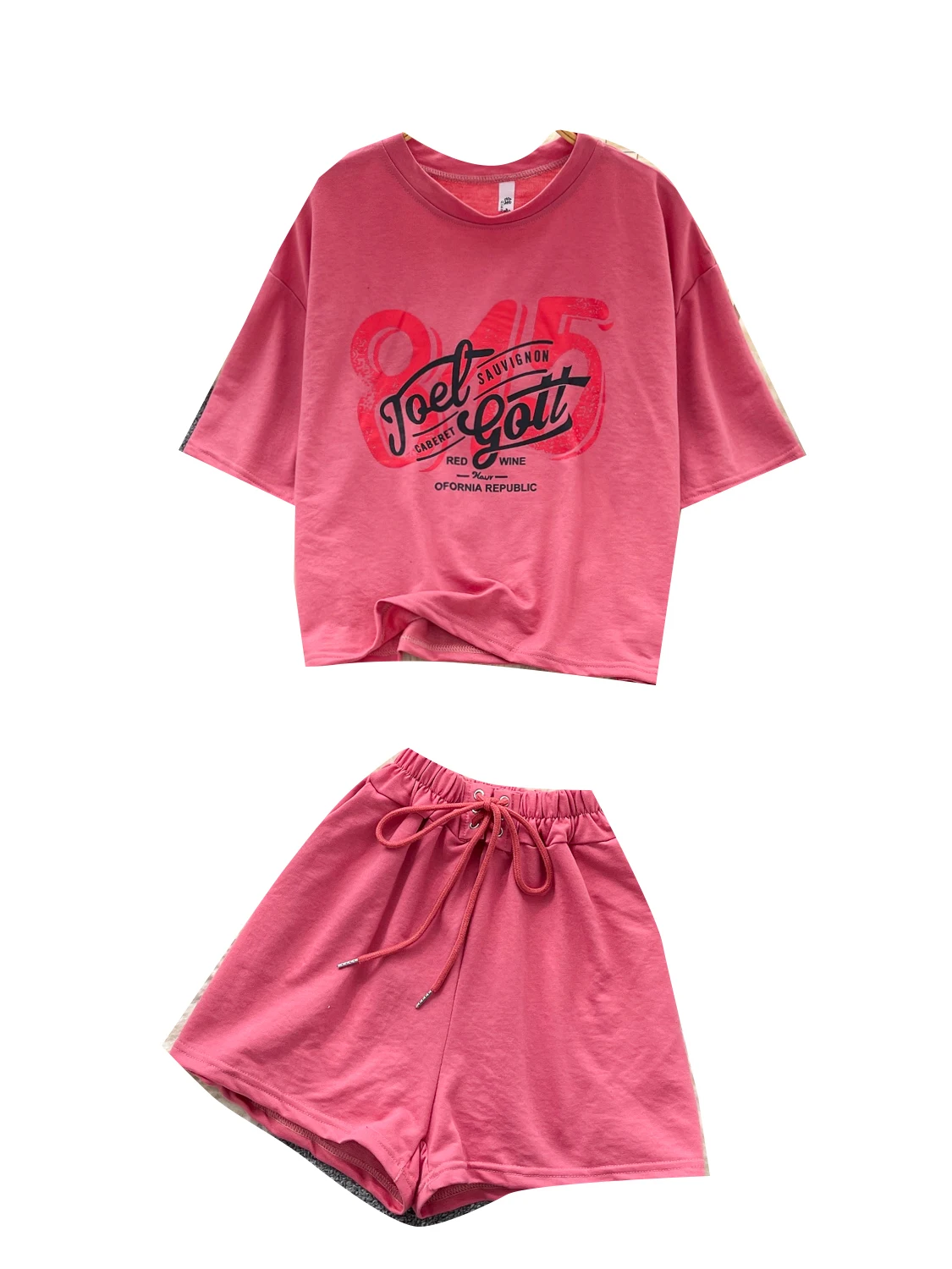 Casual Summer Faion Letter Print round Ne ort Sve T-irt High Waist Belted orts Set Women's Small Size Clothing