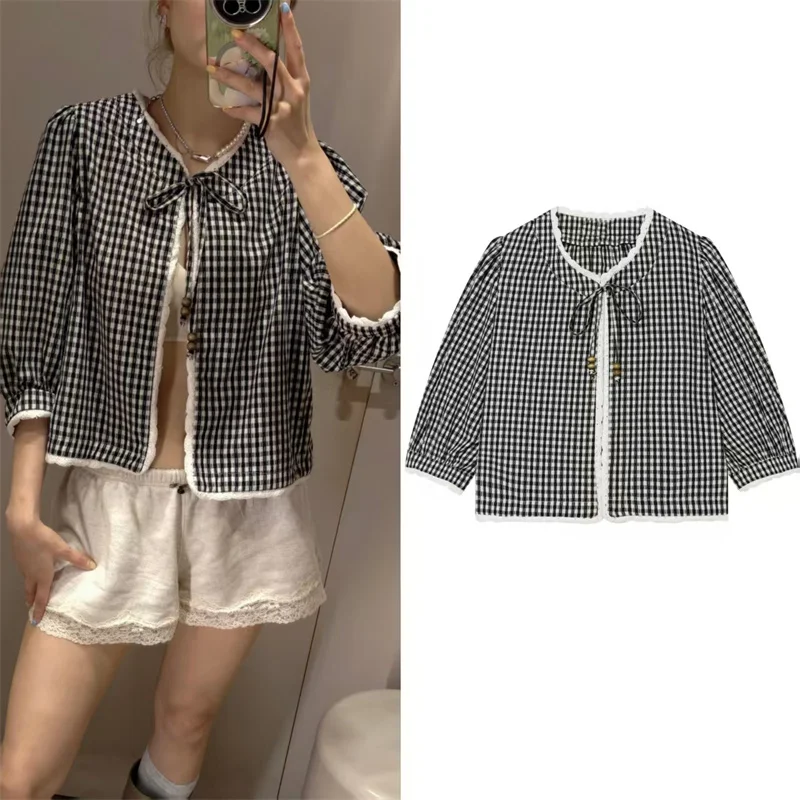 

2026 Summer New Women's Jacket Plaid Five-Point Sleeve Splice Decorated Tie-Front Cardigan Jacket Casual Fashion Vacation Style
