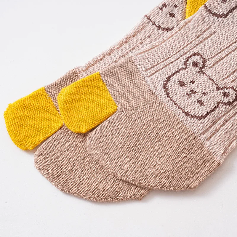 5 Pairs Kids Two Toed Tabi Socks Cute Cartoon Animal Bear Head 2 Finger Thin Mesh Pure Cotton Socks for 3-6-12Y Baby Boys Girls