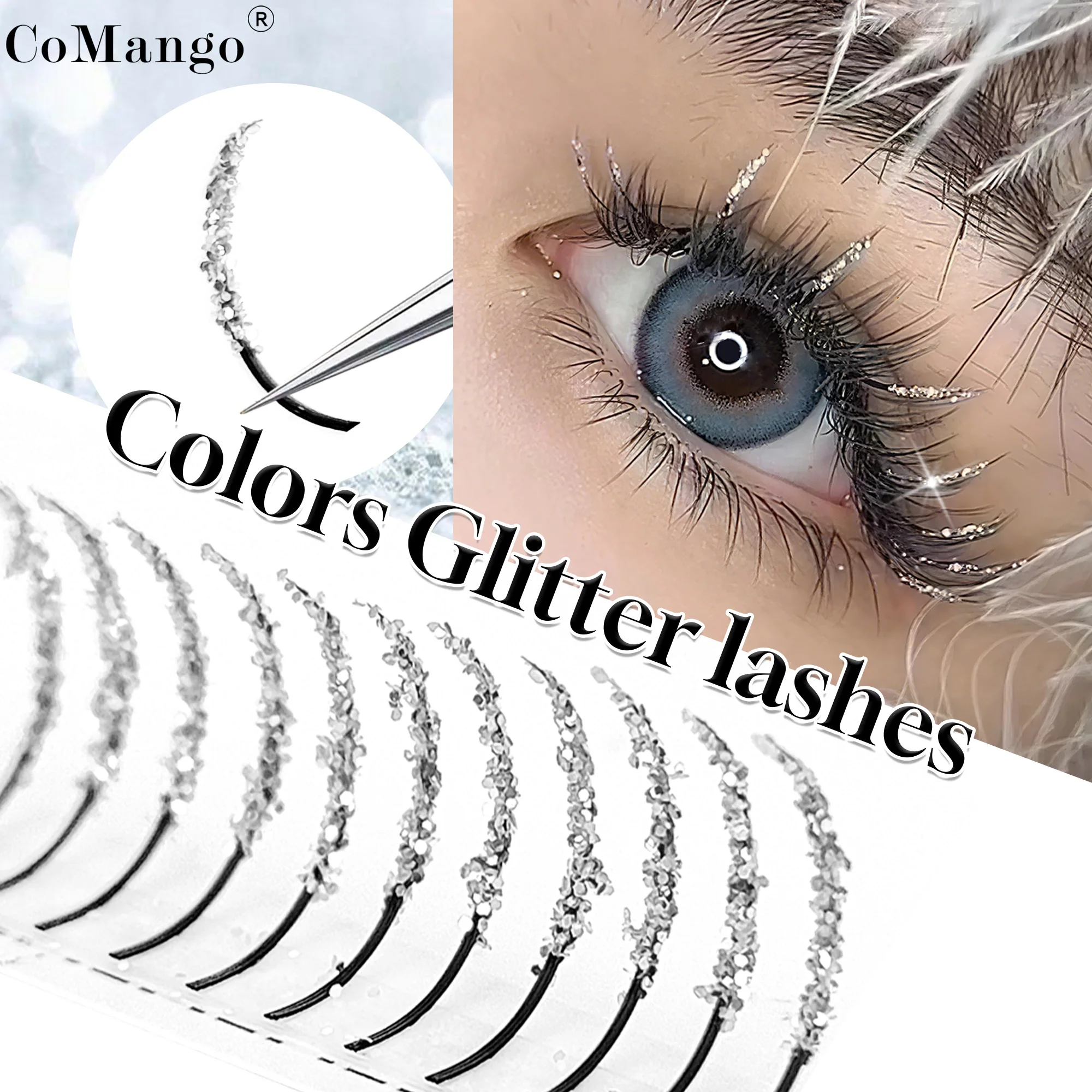 CoMango ミックスグリッターカラーまつげ 個別プレメイド ロシア式ボリュームファン グリッターまつげエクステンション ハロウィン向け卸売り