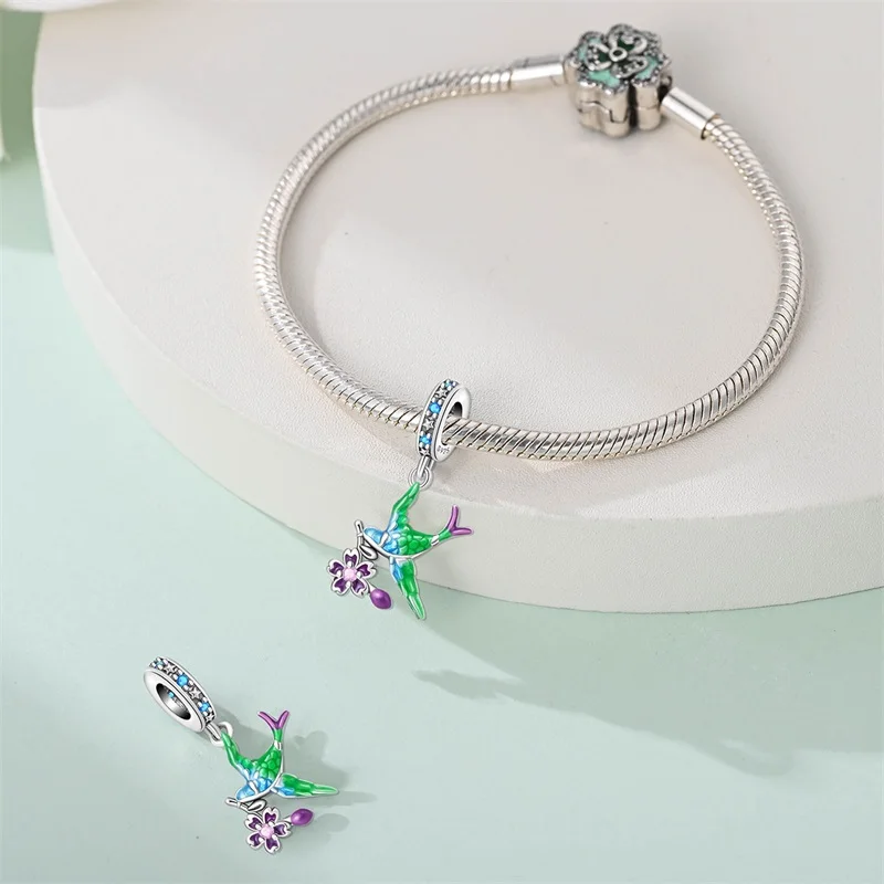Spring New 925 Sterling Silver Feather Flowers Parrot Bird Charms Beads Fit 3mm 925 Original Bracelets Fine DIY Jewelry Gift