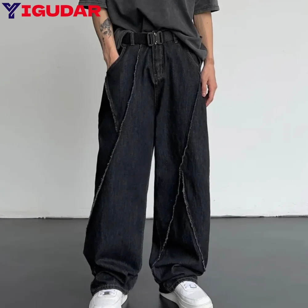 

Джинсы в стиле хип-хоп, мужские рваные лоскутные джинсовые брюки, мужские свободные повседневные японские уличные брюки большого размера