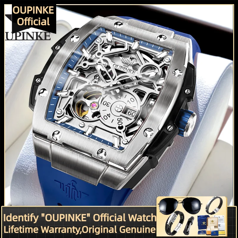 OUPINKE 3213 ساعة ميكانيكية للرجال حزام سيليكون مستورد حركة لف أوتوماتيكية ساعة يد عصرية كرونوغراف