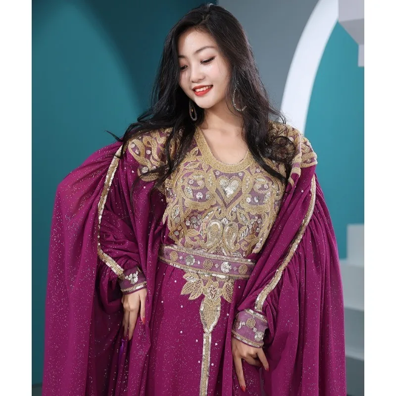 Danza del ventre personalizzata Capelli del Golfo persiano Altalena Danza Khaleegy Haligi Robe Concorrenza Grado Performance Costume Veste e gonna
