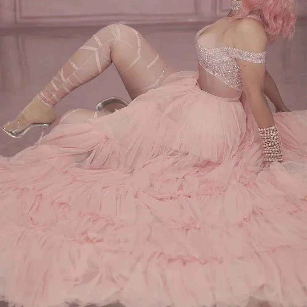 Shining Diamonds Strakke Stretch Mesh Netto Vrouwen Body Roze Rok Tweedelige Set Verjaardagsfeestje Outfit Zanger Dans Stadium Slijtage