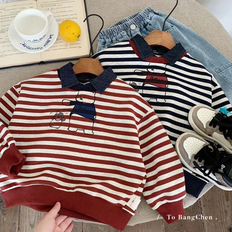 

2025 Autumn Winter Cotton Children Kid Sweatshirt Boys Girls Denim Pullover Boy Girl Bottom 3-10 Years Sweatshirt Toddler Stripe