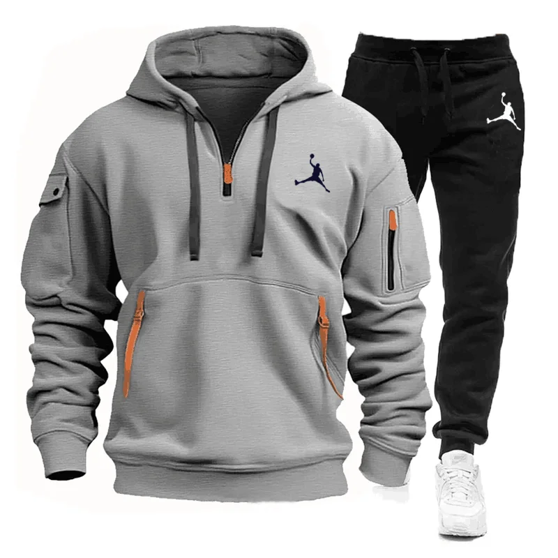 Men's Multi Pocket Zipper Sportswear Set, Casual Sportswear, Jogging, Fitness, 2-piece Hoodie Set, Autumn, New 2024