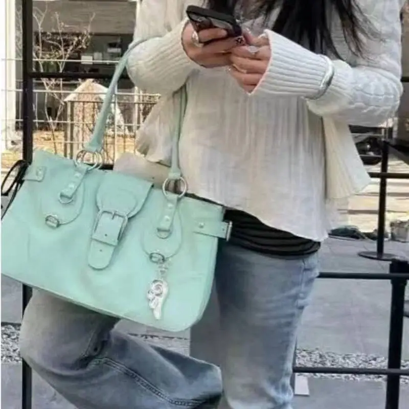 Buckle Retro Motorcycle Bag Versatile Women PU Handbag Large Capacity Multi Pocket Zipper Fashionable Street Trend Shoulder Bag