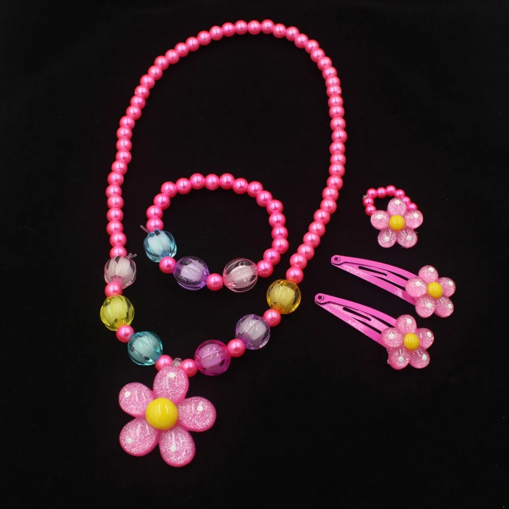 1 Satz Sonnenblumen-Schmuckset für Baby-Mädchen-Prinzessinnen – handgefertigte Perlenkette, Armbänder, Ringe und Haarspangen, perfekt für Kinder