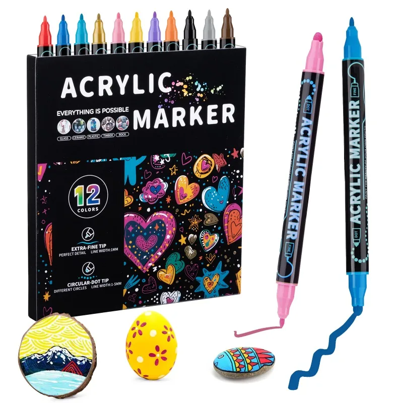 12 Colors Acrylic Markers Set Boxed Double-ended Marking Pens Waterproof Art Painting Supplies Diy Draw Graffiti Pen Stationery