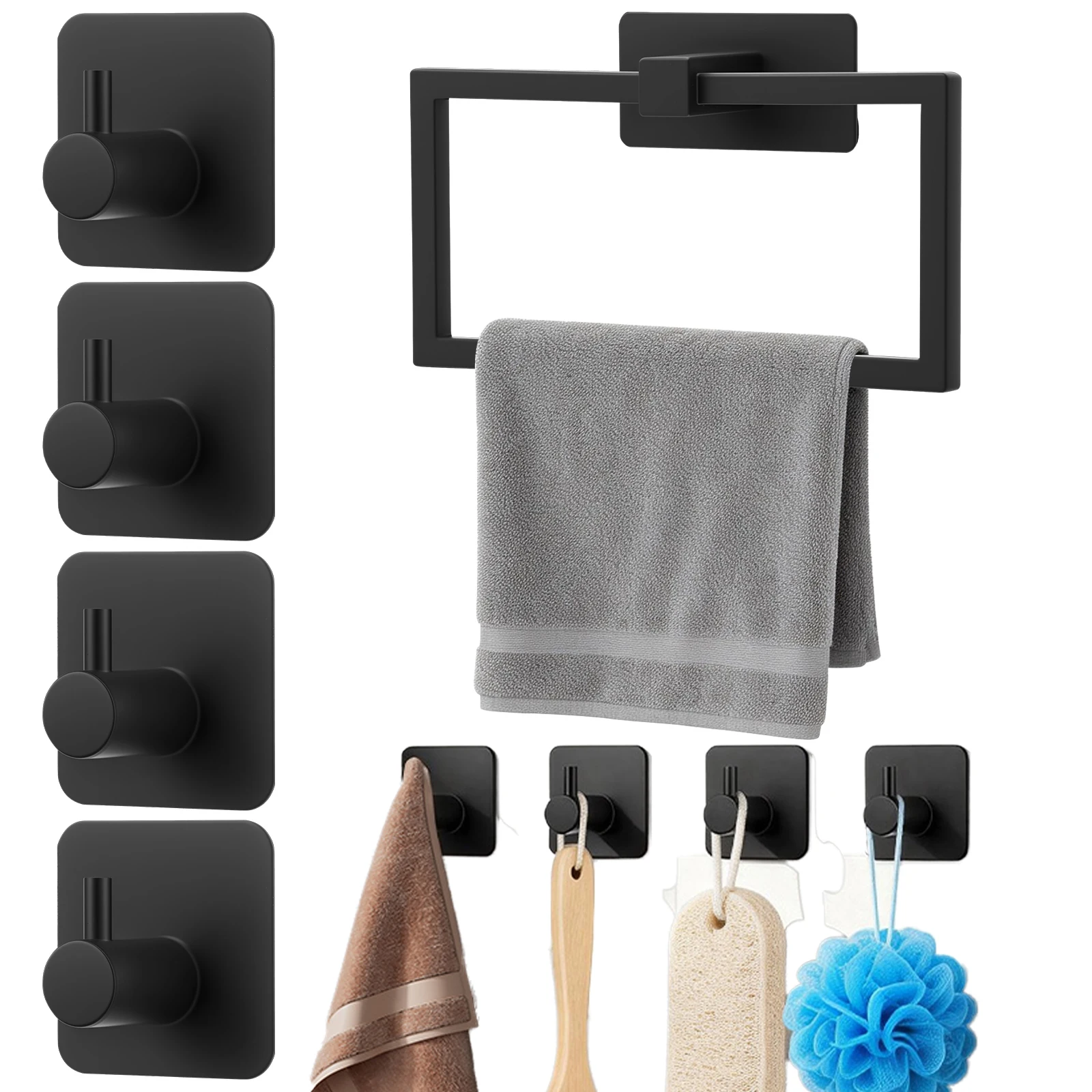 

5Pcs Bath Towel Ring Hook Set Stainless Steel Bathroom Hardware Set Wall Mounted Towel Rack Self-adhesive Towel Hook for Home
