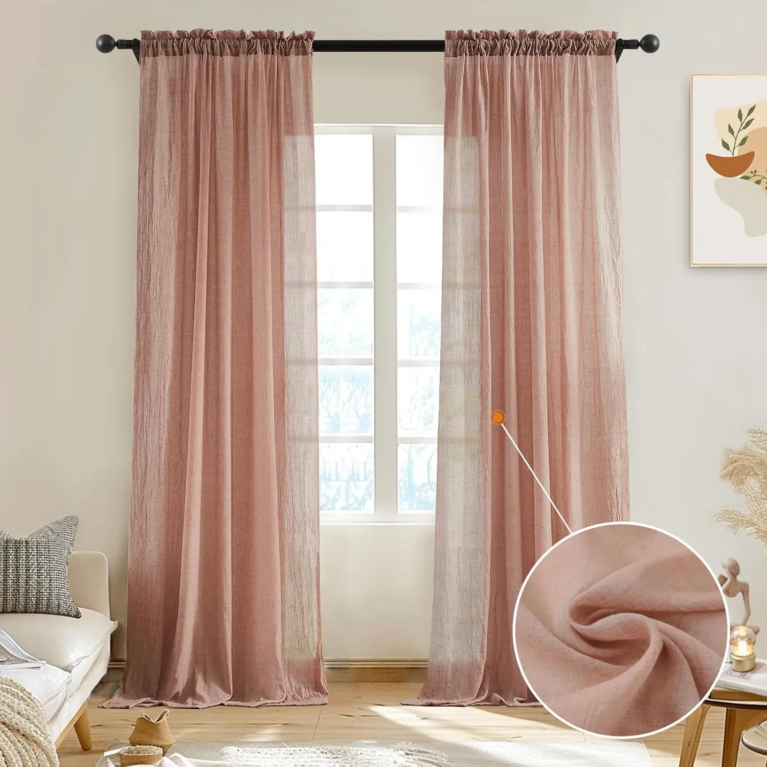 

Blush Pink Cotton Sheer Natural Light Filtering Crepe Voile Drapes for Bedroom Living Room Rustic Style
