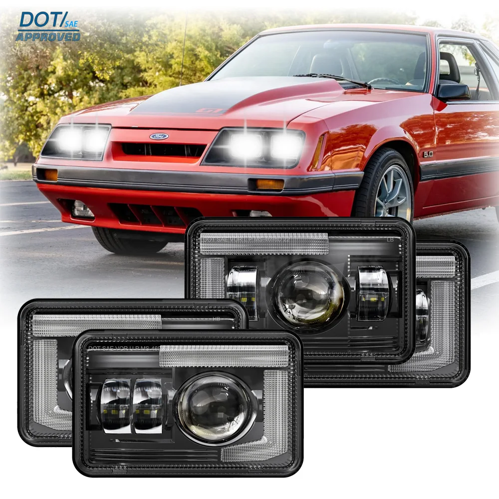 Faro LED cuadrado DOT 4x6 para Ford Mustang Thunderbird Ranchero LTD Crown Vic Grand Marquis Cougar con conjunto de luces DRL H4