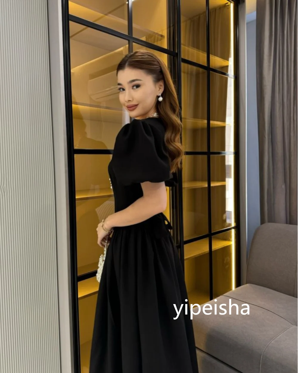 Robe de Soirée Trapèze Drapée en Jersey, Tenue de Bal de Longueur, Simple, Col Rond, à la Mode