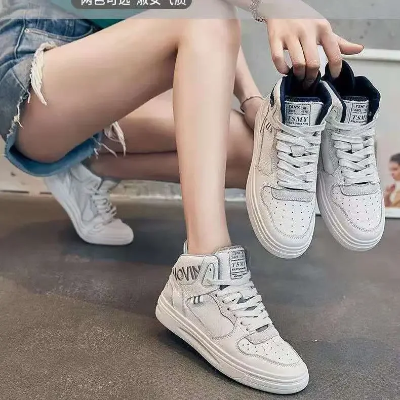 Autumn new Genuine leather high top small white shoes for women versatile breathable sports casual white sneaker warm shoes