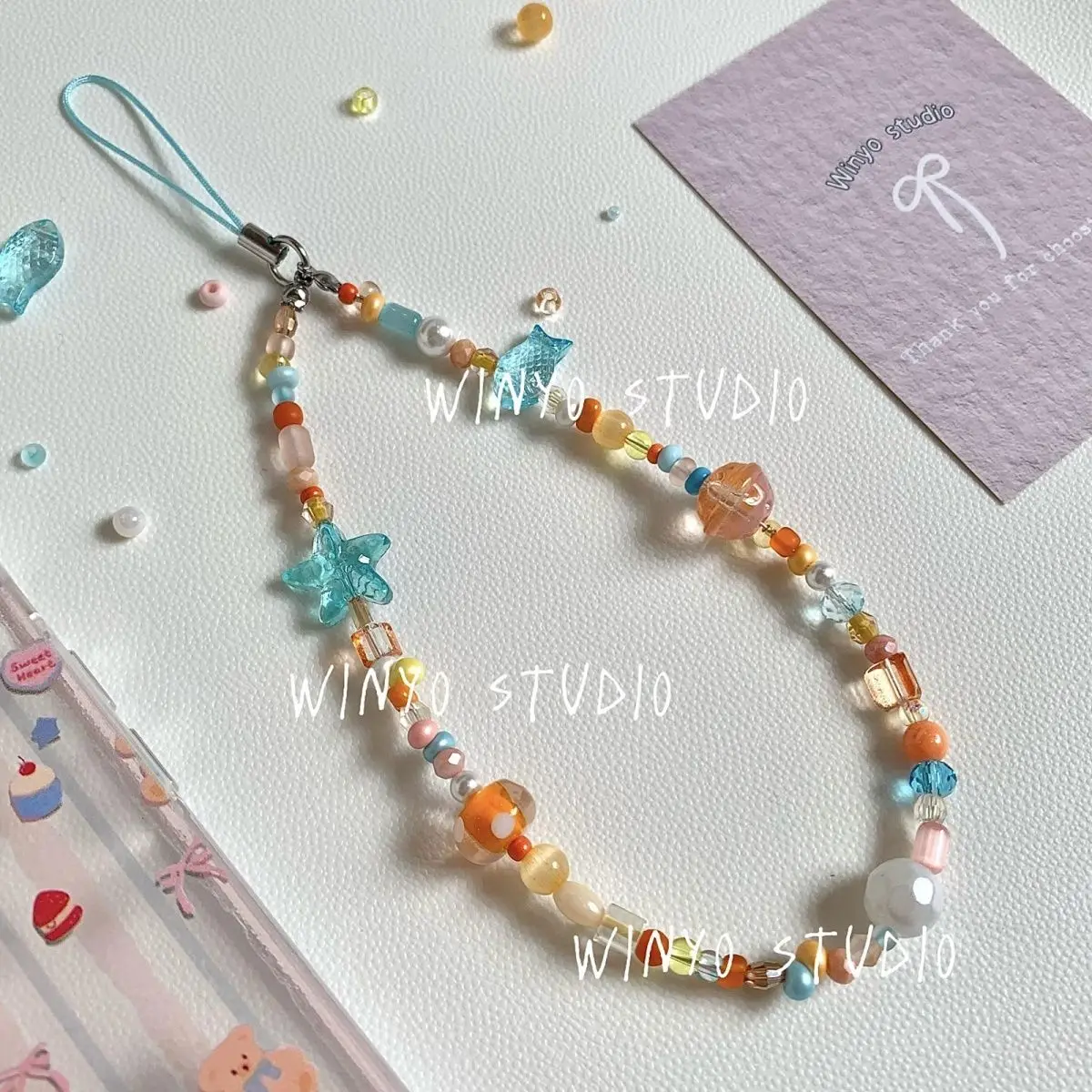 Kawaii Seaside Orange Sonnenuntergang Handy Charm Strap CCD Kamera Karte Anhänger DIY Perlen handgemachte Schlüsselband Handy Lanyard – Detail 1