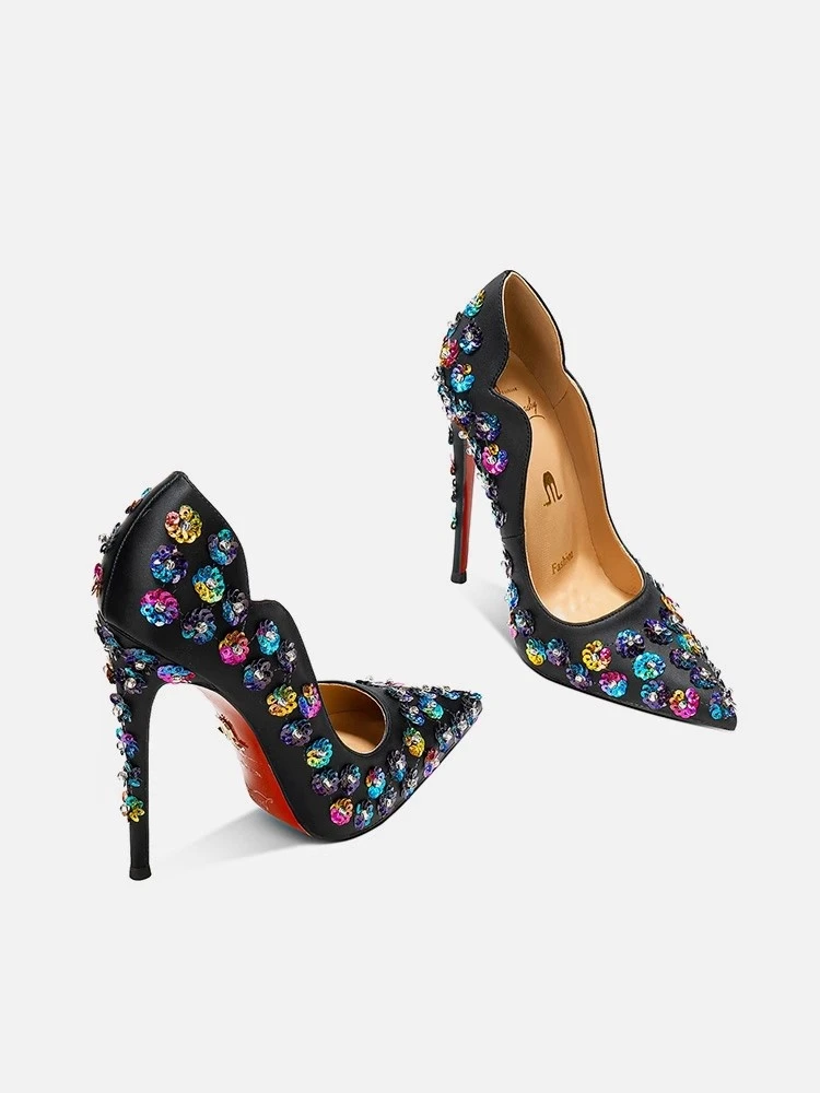 

Spring new pointed shallow silk color sequins low-heeled shoes stiletto high-heeled banquet dress small-sized fashion women shoe