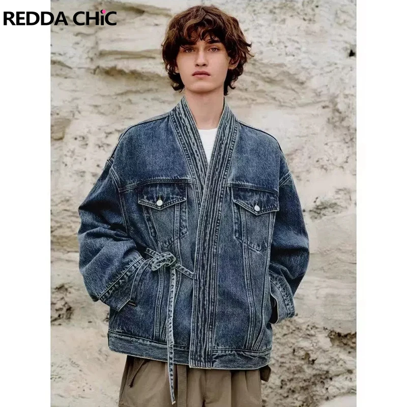 REDDACHIC Men Ribbon Blue Wash Denim Jacket Long Sleeves Plus Size Pleats Stitch Pockets Oversize Coat Casual Vintage Outerwear