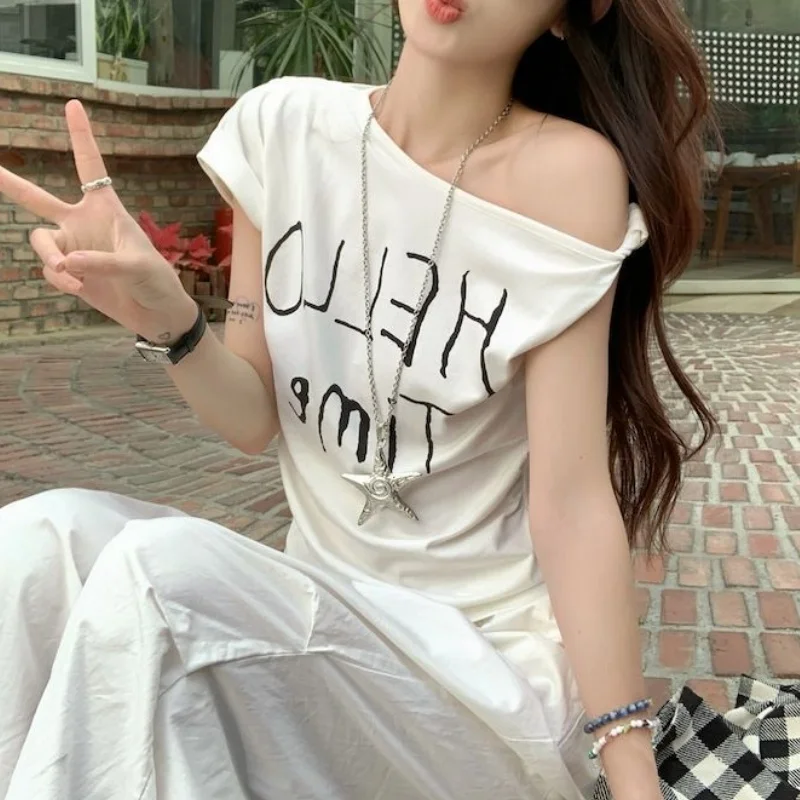 Women White T-shirts Lady One Shoulder Twist White With Letter Print Short Sleeve Female Summer City Walk Top