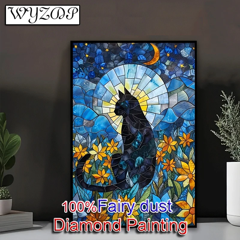 

100% Fairy Dust Diamond Painting Kits Black Cat Square Mosaic Embroidery Animal Gem Cross Stitch Diamond Art Full Crystal Decor