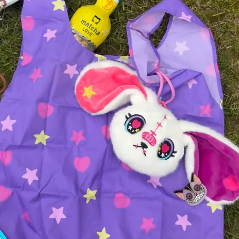 PLUSHIE DREADFULS Cute Rabbit Plush Pendant Foldable Shopping Bag Reusable Portable With Plush Charm Pendant For Travel Shopping