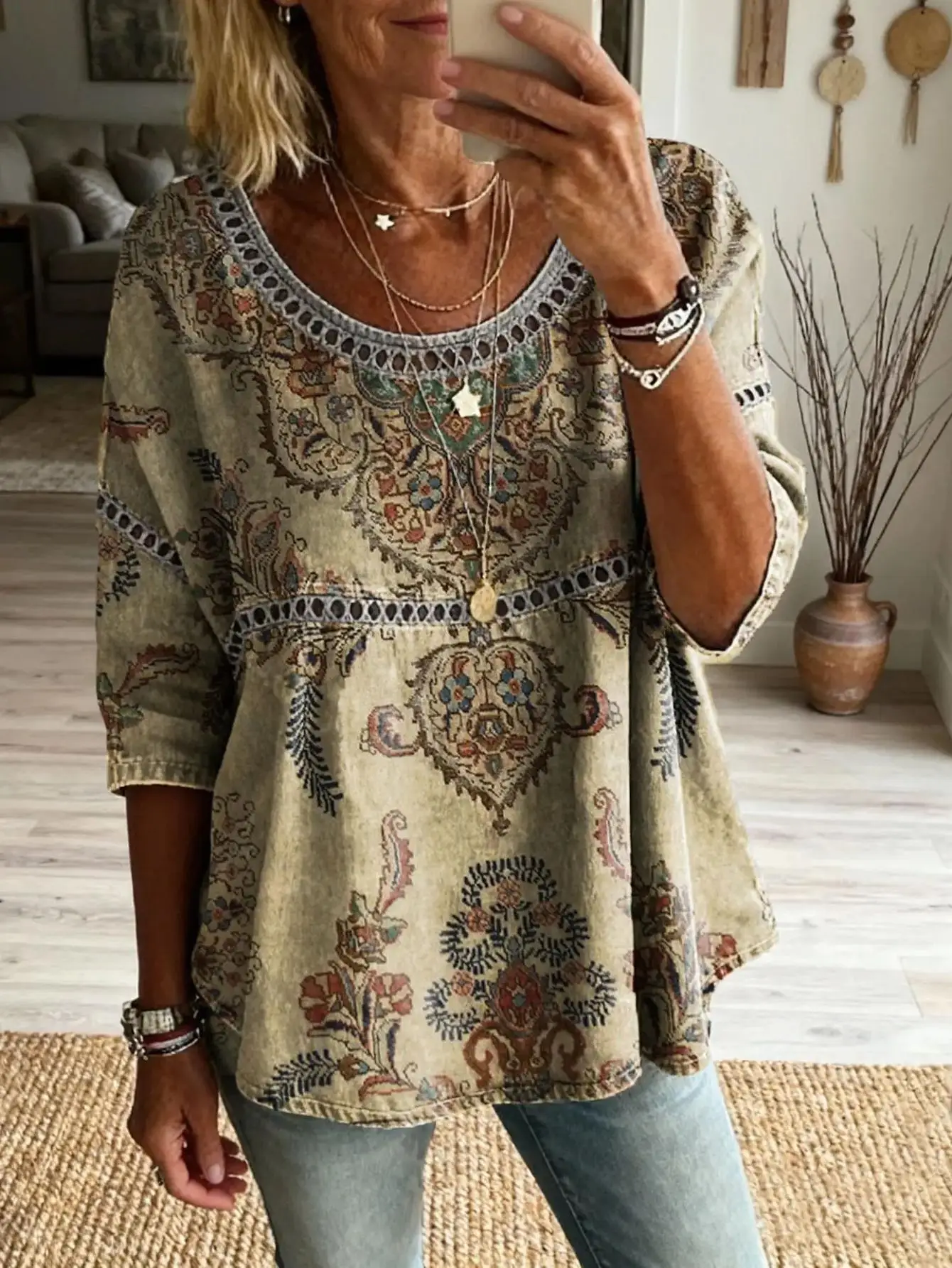 Blusa de talla grande para mujer, estampado paisley 3D, corte holgado, manga larga, estilo boho.