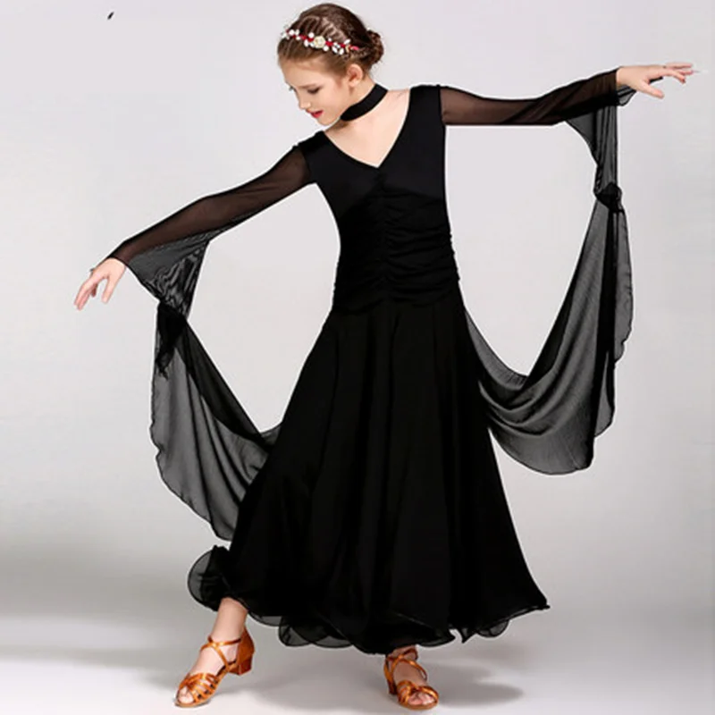 Vestido de baile de salón de competición estándar de manga larga de gasa para niñas y niños de una pieza moderno/valsa/baile latino/ropa de baile