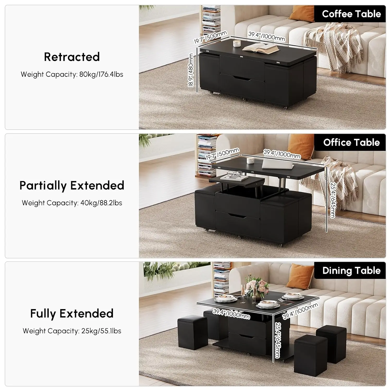 Black Lift-Top Coffee Table With Storage, Casters & Wheels, Convertible Dining & Office Table For Living Room, Customized