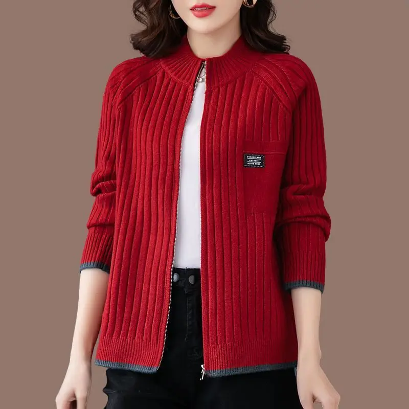 Solid color fashionable loose casual women's zipper threaded long sleeved sweater cardigan